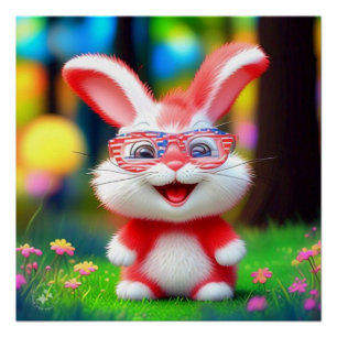 Poster Lapin rouge portant des lunettes américaines-44244