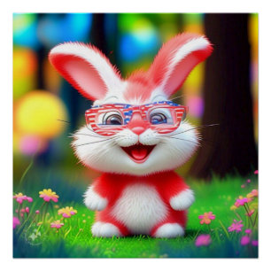 Poster Lapin rouge portant des lunettes américaines-44244
