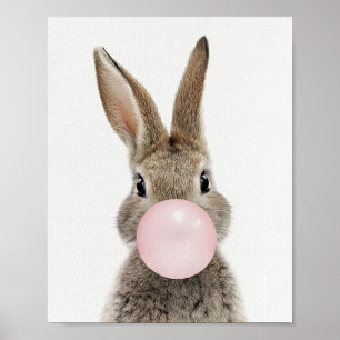 Poster Lapin soufflant un bubble gum rose