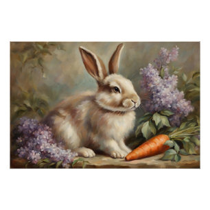 Poster Lapin vintage avec Fleurs Lilac et Carotte