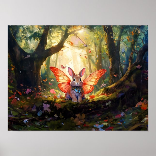Poster Lapin Whimsical dans une forêt enchantée (Devant)