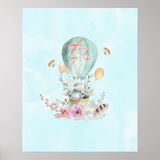 Poster Lapin Whimsical Riding dans un ballon à air chaud (Devant)