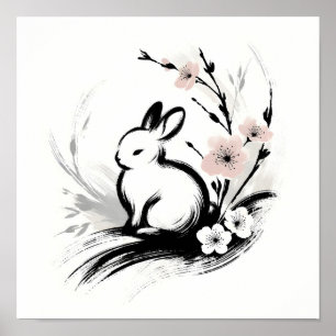 Poster Lapin Zen Minimaliste de Printemps Cerisier en Fle