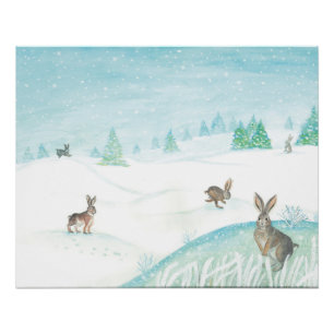 Poster Lapins Assis Et Saut Sur Neige 