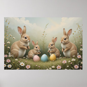 Poster Lapins de Pâques Fantaisistes dans une Prairie Rus