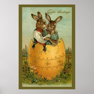 Poster Lapins de Pâques victoriens vintage dans un œuf do