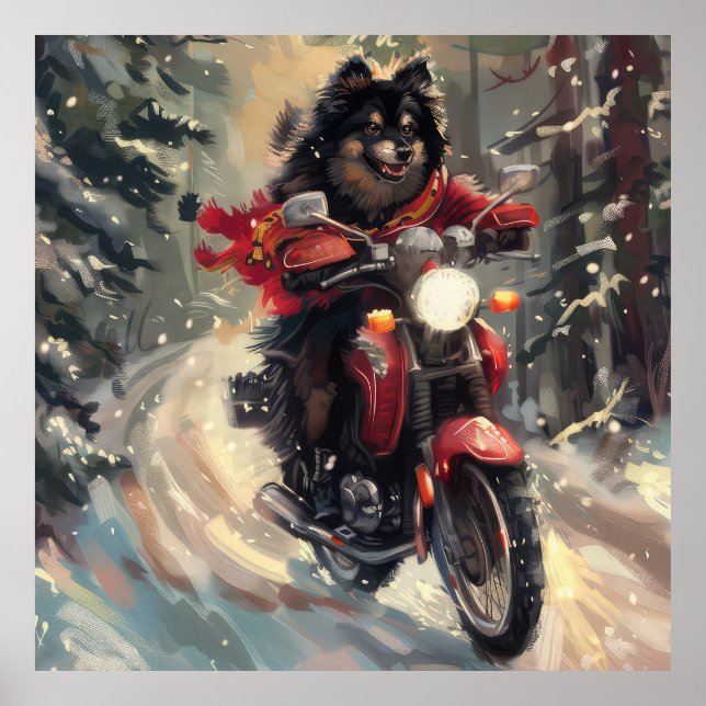 Poster Lapphund Finlandais Chien à cheval Moto Noël (Devant)