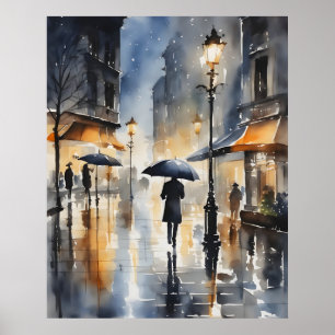 Poster L'aquarelle de la ville pluvieuse