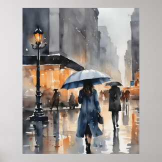 Poster L'aquarelle de la ville pluvieuse