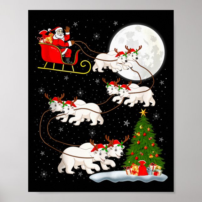 Poster Lar Bear Santa Sleigh Flying Funny Magical Christm (Devant)