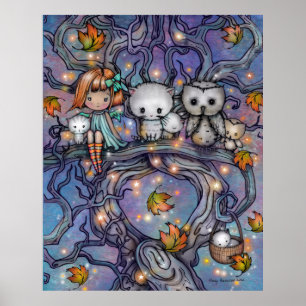 Poster L'Arbre d'Automne - Chats Hiboux Art Féerique