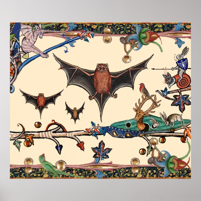 POSTER LARGE BESTIAIRE MÉDIÉVAL, BATS DE VOL ANIMAUX DE F (Devant)