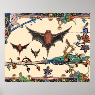 POSTER LARGE BESTIAIRE MÉDIÉVAL, BATS DE VOL ANIMAUX DE F