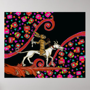 Poster LARGE BESTIAIRE MÉDIÉVAL Lapin chevauchant un chie