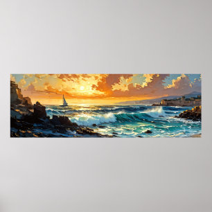 Poster Large Mer Méditerranée coucher de soleil doré