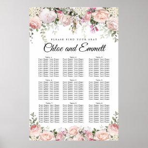 Poster Large Pink Floral 9-Table Wedding Seating Chart