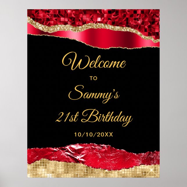 Poster Larmes à glam rouge et or Accueil d'anniversaire (Devant)