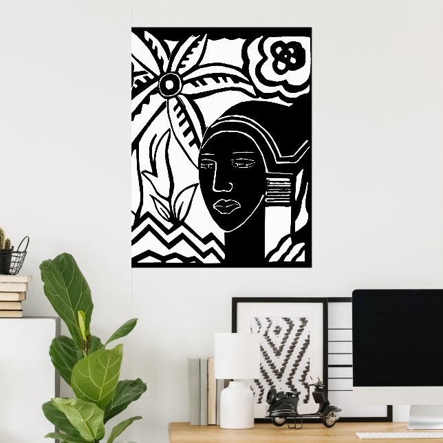 Poster l'art abstrait de l'encre noire des femmes africai (Bureau à domicile)