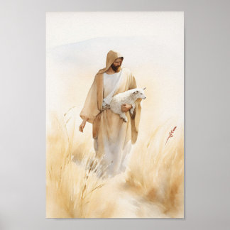 Poster L'art de l'aquarelle de Jésus et de l'agneau Impri