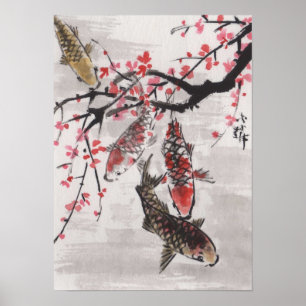 Poster L'art de Lin Li Aquarelle chinoise KOI Plum Blosso