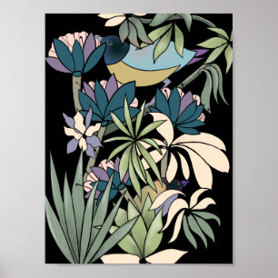 Poster L'art du jardin fleuri aux oiseaux Abstrait
