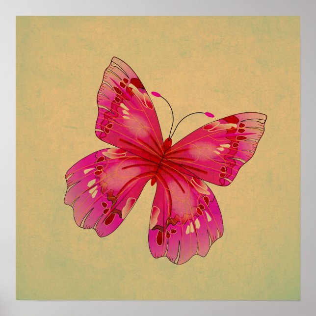 Poster L'art du papillon oriental vintage rose (Devant)