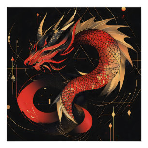 Poster L'art majestueux du Dragon chinois rouge et or