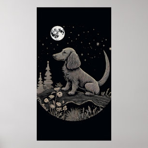 Poster L'art minimaliste d'un Dachshund sur une lune