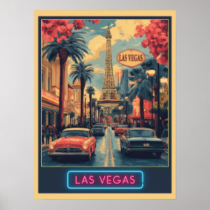 Poster Las Vegas Cityscape avec Tour Eiffel - Rétro
