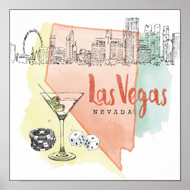 Poster Las Vegas, Nevada | Image d'esquisse d'aquarelle (Devant)