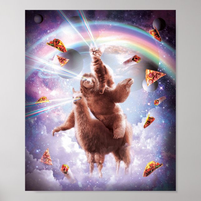 Poster Laser Eyes Space Cat Riding Sloth, Llama - Arc-en- (Devant)