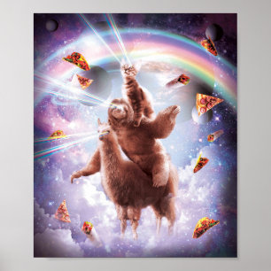 Poster Laser Eyes Space Cat Riding Sloth, Llama - Rainbow