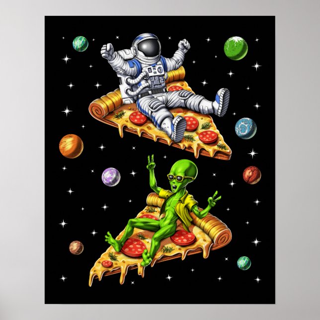 Poster L'Astronaute Et L'Alien Riding Pizza (Devant)