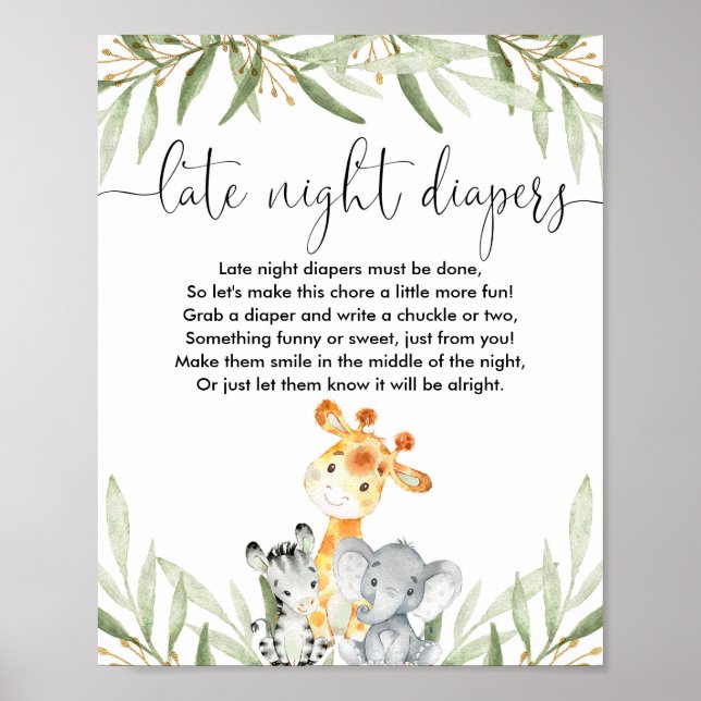 Poster Late nuit couches baby shower jeu safari animaux (Devant)