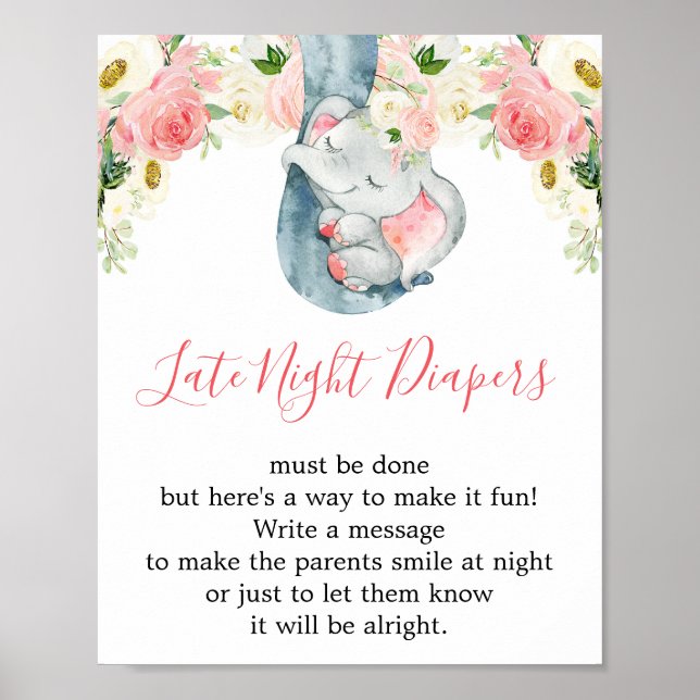 Poster Late nuit couches fille baby shower éléphant signe (Devant)