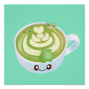 Poster Latte De Thé Vert Matcha Chaud Avec Cute Frogs