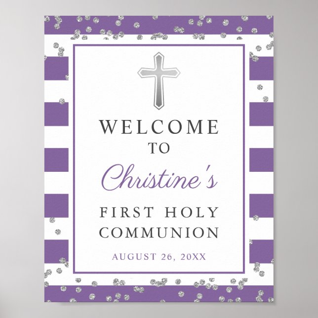 Poster Lavande d'argent violet première communion Bienven (Devant)