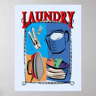 Poster Lave-linge, fer à repasser, épingles, savon