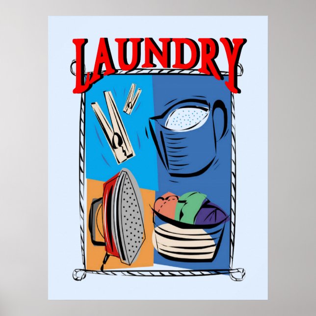 Poster Lave-linge, fer à repasser, épingles, savon (Devant)