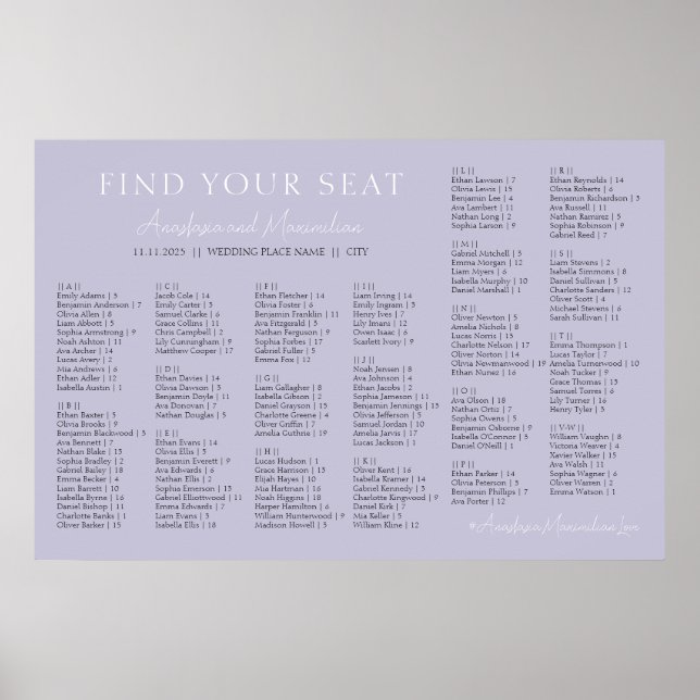 Poster Lavender Lilac Wedding Alphabetical Seating Chart (Devant)