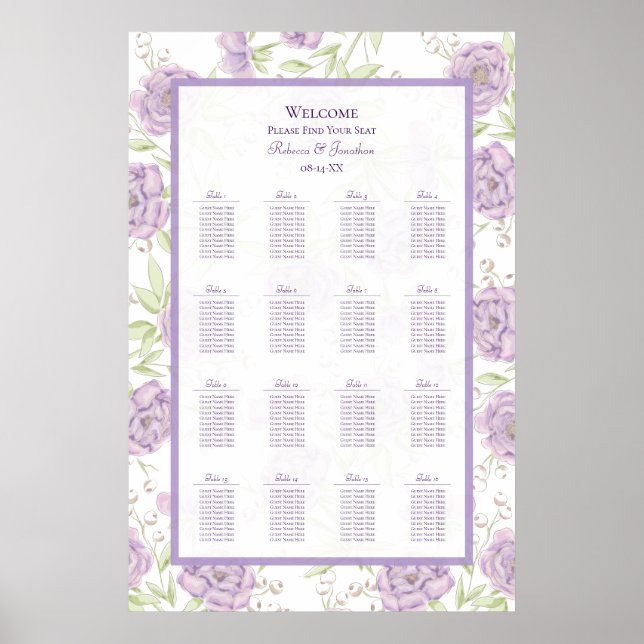 Poster Lavender Purple Rose Wedding Seating Chart (Devant)