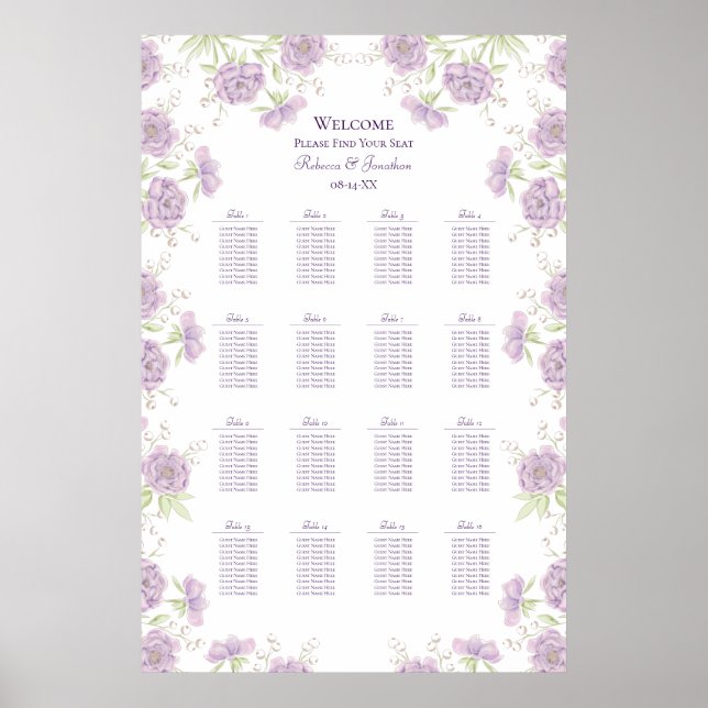 Poster Lavender Purple Rose Wedding Seating Chart (Devant)