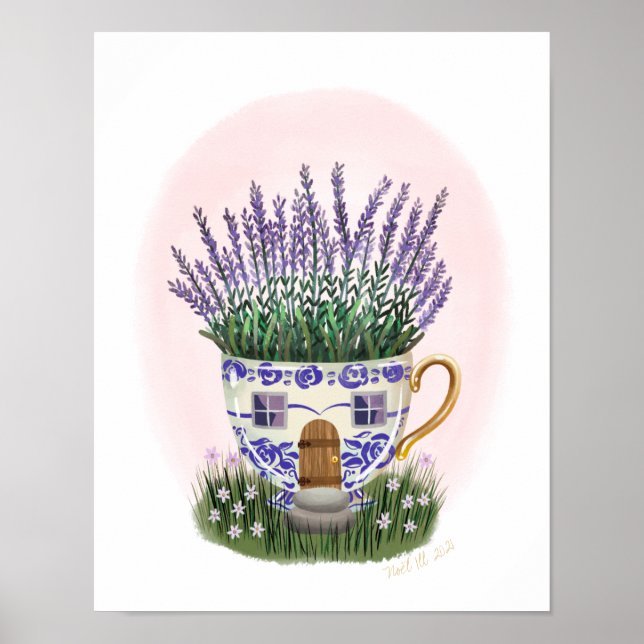 Poster Lavender Teacup Cottage Art Imprimer (Devant)