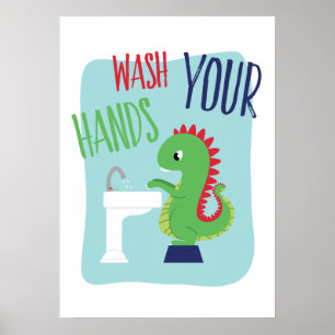 Poster Lavez Vos Mains   Art de salle de bain Dino