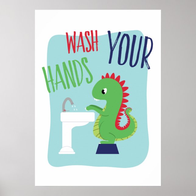 Poster Lavez Vos Mains | Art de salle de bain Dino (Devant)