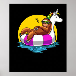 Poster Lazy Sloth Riding Unicorn Float Funny Pool Party