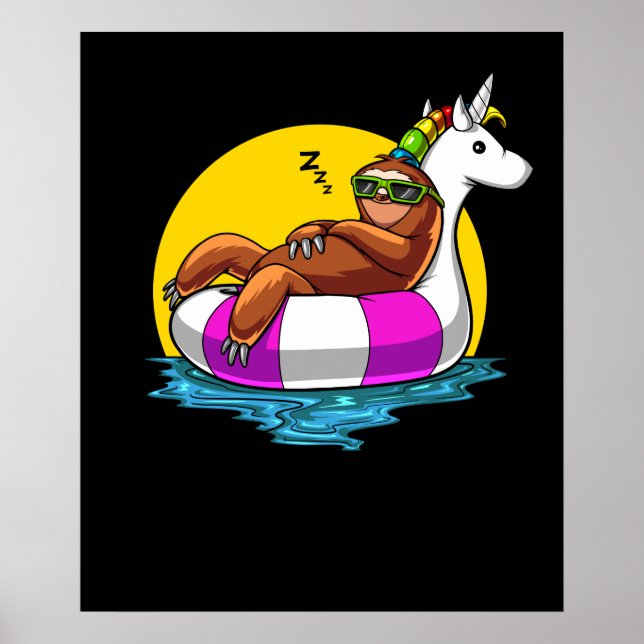 Poster Lazy Sloth Riding Unicorn Float Funny Pool Party (Devant)
