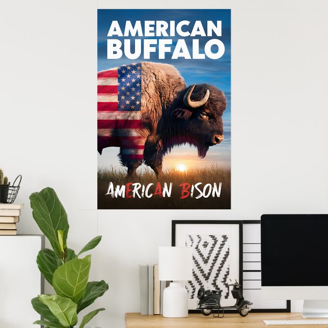 Poster Le bison américain se tient dans un champ (Bureau à domicile)