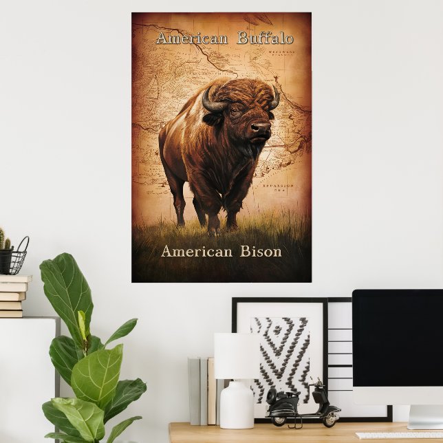 Poster Le bison américain sur la carte (Bureau à domicile)