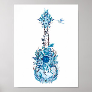 Poster Le bleu fleurit l'ukulélé